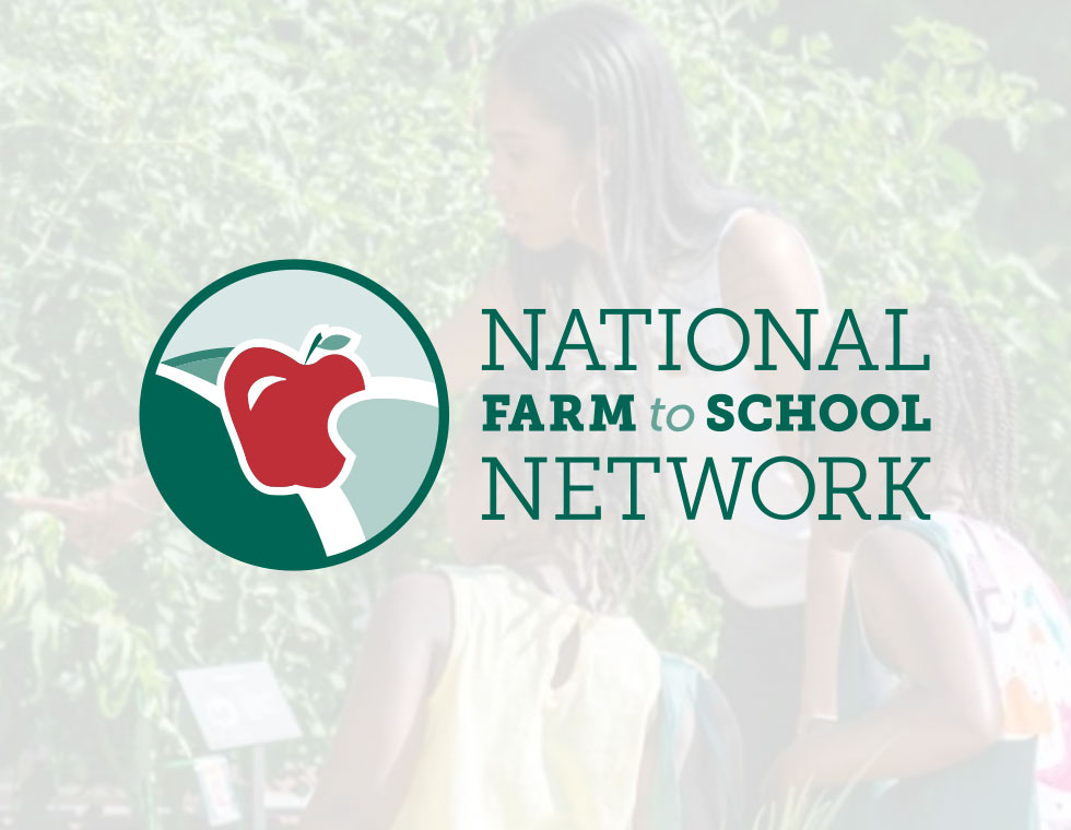 Logo of the National Farm to School Network featuring a stylized apple on a green background, with the organization's name displayed prominently in green text beside it, against a blurred backdrop of children interacting with plants in a school garden setting.